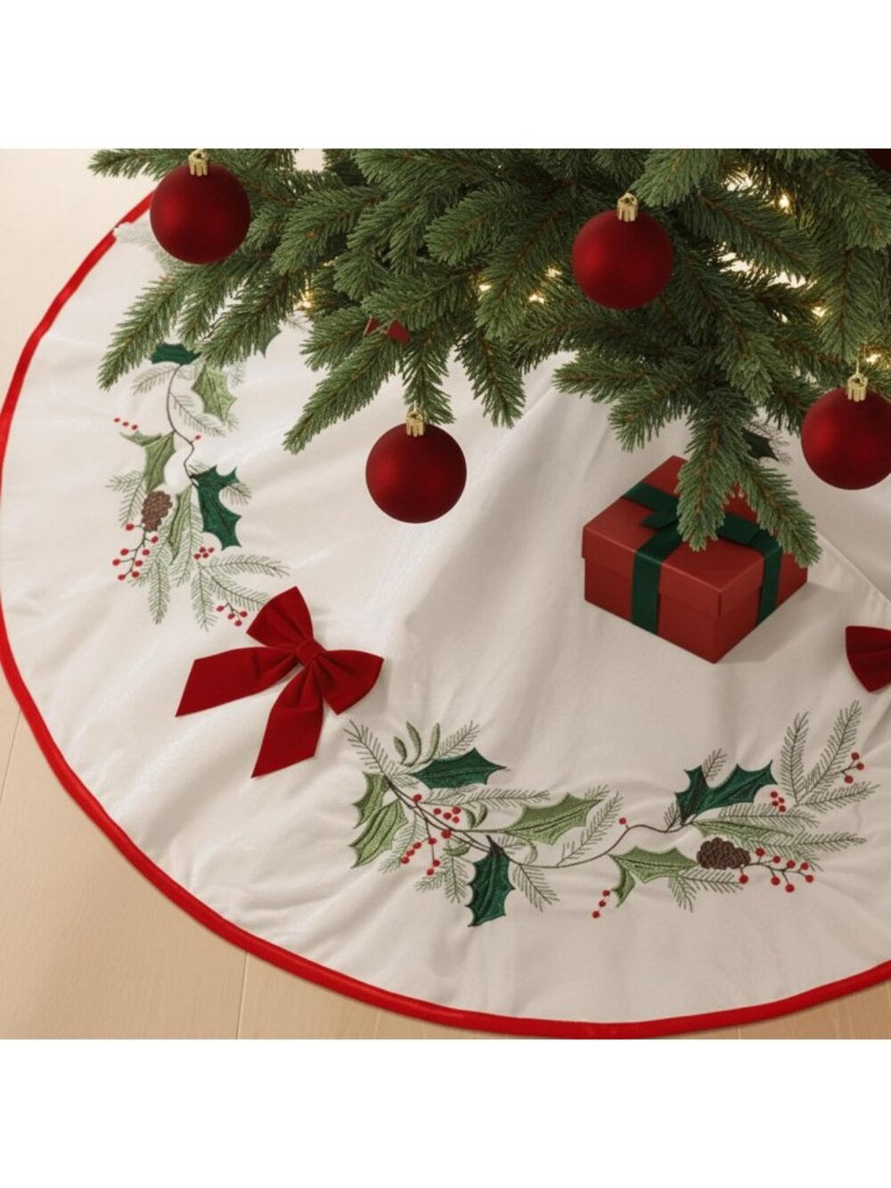 48-Inch Velvet Christmas Tree Skirt with Red Bow & Holly Embroidery - Festive
